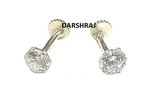 DARSHRAJ 925 Sterling Silver(Chandi) White Stone Stud Earring For Girls|Women|Baby Girls|Men|Boys(4MM)[Pair Of Stud]