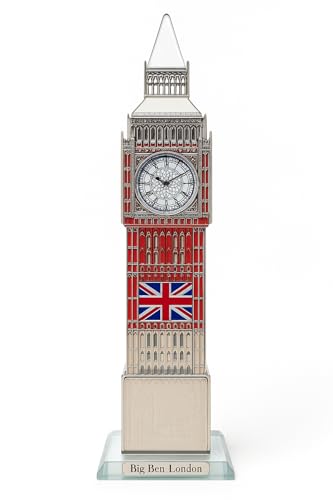 JRose Collections Crystal London - Reloj de recuerdo del Big Ben de 24 cm, adorno plateado con luces, regalo turístico del Reino Unido, emblemático monumento británico, exhibición de escritorio o