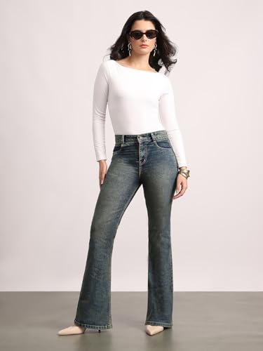 Image of Urbano Fashion Women's Mid Rise Bootcut Washed Jeans Stretchable