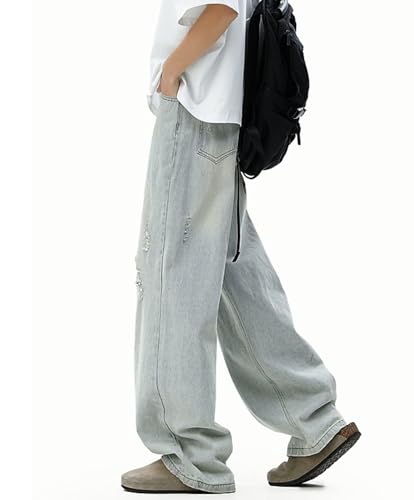 Men's Baggy Jeans High Waist Wide Leg Straight Casual Ripped Vintage Loose Fit Denim Pants with Pockets4