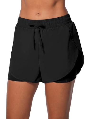 Sunzel 2 in 1 High Waisted Gym Shorts for Women with Pocket Quick Dry Elastic Running Shorts with Drawstring Workout Summer Black X-Small