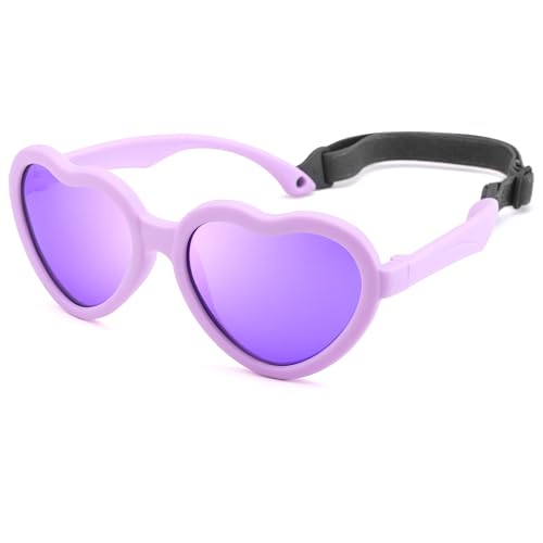 COASION Kids Polarized Sunglasses with Strap - TPEE Rubber Flexible Heart Sunglasses for Toddler Girls Boys Age 2-8