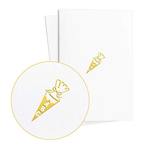 2er Set Karten zur Einschulung|Schulanfangskarte mit goldgeprägter Schultüte auf edlem Papier|Glückwunschkarte oder Einladungskarten zum Schulanfang, E36