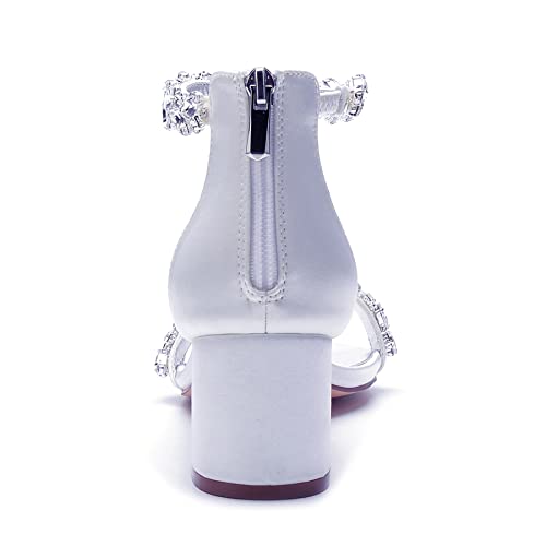 Women's Crystal Satin Wedding Shoes for Bride Low Heels Comfortable Bridal Shoes White Block Heels Chunky Formal Evening Party Prom Sandals Pumps4