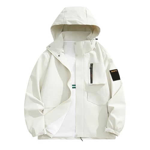UHouse Regenjacke Herren Wasserdicht Atmungsaktiv Leichte Softshelljack mit Kapuze Outdoor Wanderjacke Freizeit Winterjacke Kapuzenjacke Bequeme Windjacke Fahrradjacke Weiß L