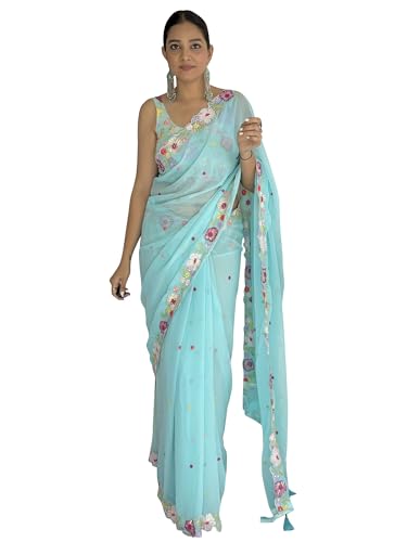 Image of AKHILAM Women's Multicolor Georgette Embroidered Saree with Unstitched Blouse Piece(KESARI7801 KR Parent)