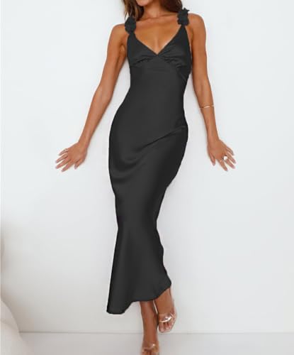 Image of Phicia Summer Satin Spaghetti Strap V Neck Midi Dresses for Women Wedding Guest Elegant Flower Backless Cocktail Formal Dress