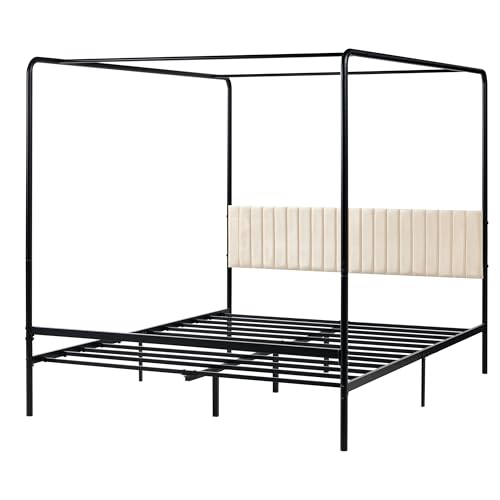 Beliani Metallbett Himmelbett schwarz mit Polsterkopfteil beige Metallrost 160x200 cm Mirabeau – Bild 5