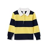 Amazon Essentials Boys' Rugby Polo Shirt, Navy Yellow Rugby Stripe, Medium