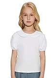 Danna Belle White School Girl Blouse Peter Pan Doll Collar Solid Color Blouse Tee