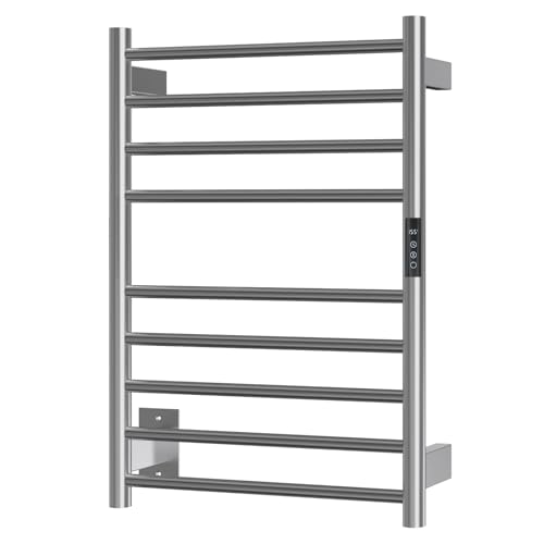 DeelDili Electric Towel Warmer Rack for Bathroom Wall Mounted Heated Towel Rack with Timer & Temperature Control 9-Bar Towel Warmer Bar for Bathroom Plug-in/Hardwired Brushed Stainless Steel