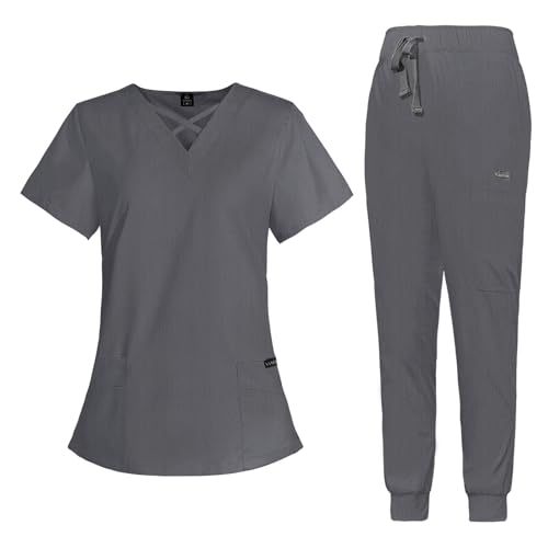 Image of VIAOLI Scrubs for Women Set Modern V-Neck Top & 8 Pocket Jogger Pants Nursing Uniform Solid Stretch Workwear