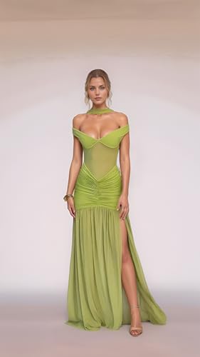 ALFEICE V Neck Bridesmaid Dresses Pleated Chiffon 2025 Off Shoulder Flowy Formal Evening Wedding Guest Dress with Slit3