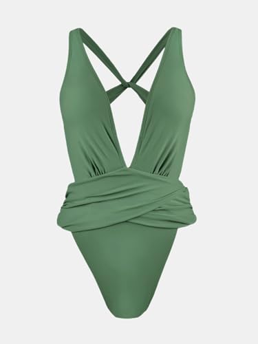Image of CUPSHE One Piece Swimsuit for Women Bathing Suit Cut Out Cross Back Tie Deep V Neck Ruched High Cut