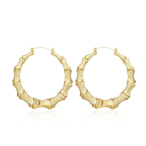 Kwkppz 18K Gold Plated Bamboo Hoop Earrings for Women – Large Round Heart Design, 80/90s Ghetto Door Knocker Style, Trendy Hip Hop Jewelry Accessories (Gold Hoop 50mm)