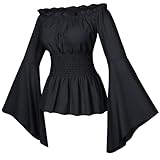Irtysh Womens Renaissance Victorian Peasant Ruffle Smocked Waist Boho Pirate Shirt Blouse Cosplay Costume(A-BK-S) Black