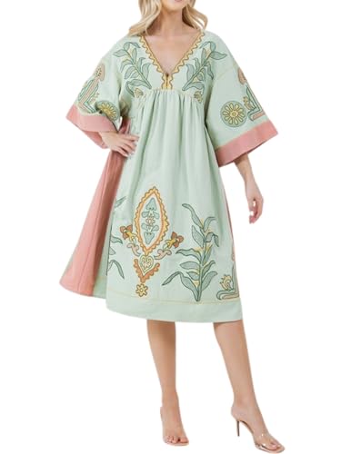 Image of Joiemont Womens Oversized Floral Embroidered Long Dress with V-Neck and 3 /4 Sleeves Vintage Embroidery Babydoll Dress