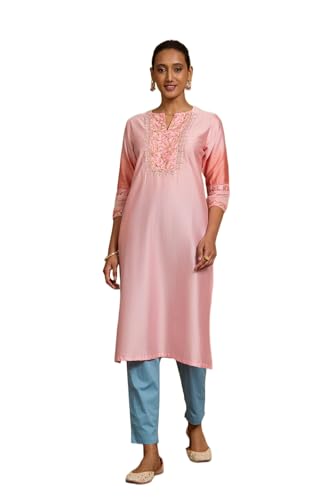 Image of Taneira Women Light Pink Pure Silk Cotton Embroidered Kurta (KUAK19LPXL-Light Pink-XL)