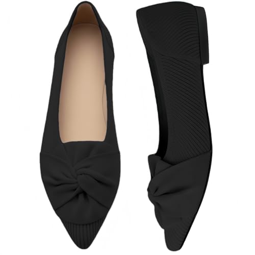 Flats for Women Pointed Toe Ballet Flats Knit Bow Dressy Flat Shoes with Arch Support Insole