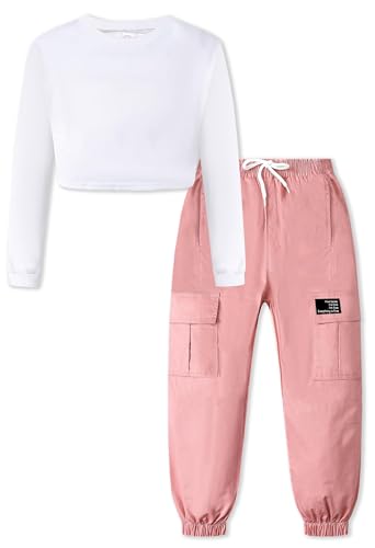 Image of SANGTREE Girls Fall Winter Clothing Sets, Girls Long Sleeve Crop Top and Cargo Jogger Pants Outfit Set,4T-14 Years