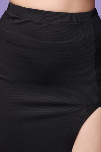 Image of POPWINGS Casual Solid Self Design Rib Long Slit Skirt for Women - Stylish Summer Skirt