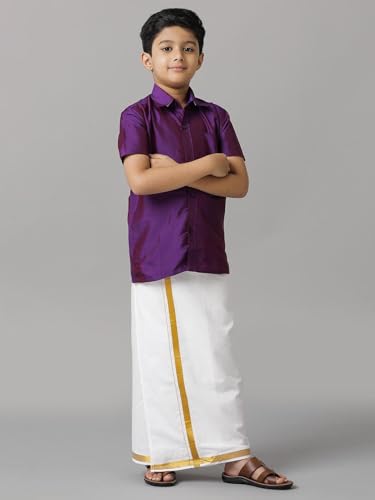 Image of RAMRAJ COTTON Boys Silk Cotton Shirt With Adjustable Cream Dhoti Perfect For Ceremonies| Festivals| And Special Occasions