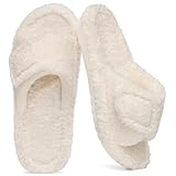 Litfun Womens Fuzzy Arch Support Slippers Orthopedic Comfy Adjustable Open Toe House Shoes, White 39