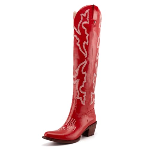 Womens Cowboy Boots Fashion Knee High Boots With Classic Embroidery Chunky Heels Western Style