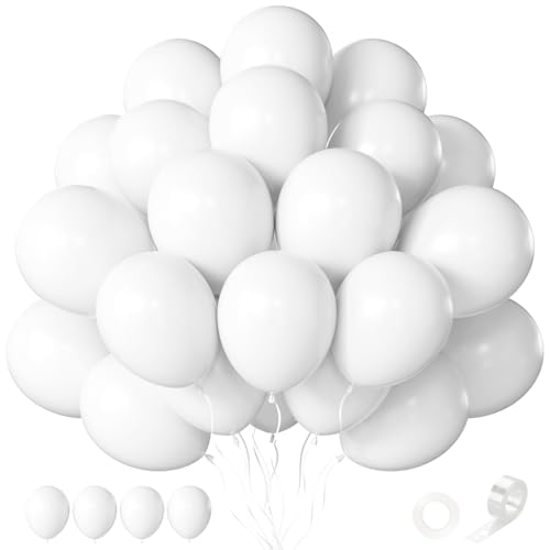 CVPARTYON White Balloons 12 Inch 60 PCS White Latex Balloons with Ribbon & Balloons Tape for Birthday Graduation Wedding Engagement 4th of July Independence Day Patriotic Party Decorations