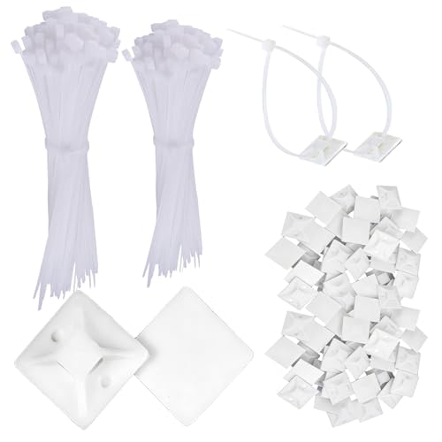 Juego de 200 bridas de cable blancas,Organizador de cables autoadhesivo,Juego Soportes de Cable,montaje sujetacables autoadhesivos cables (longitud de 15cm y10cm, ancho de 2cm）