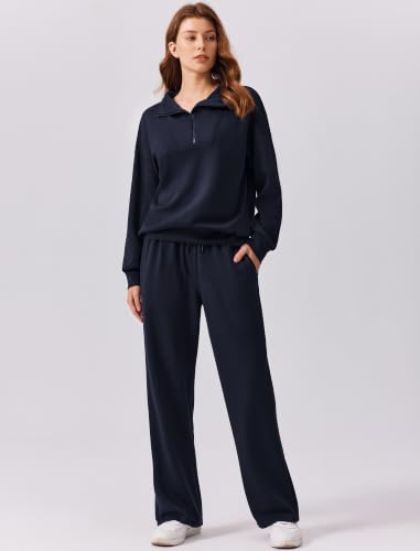 Image of PINSPARK 2 Piece Sets for Women 1 /4 Zip Lounge Matching Set Fall Outfits | Oversized Sweatshirt, Long Sleeve Pullover, Wide Leg Pants with Drawstring Pockets, Sweatsuit, 2026 Travel Airport Tracksuit