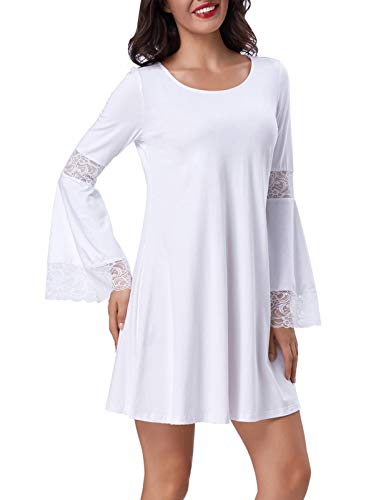 Kate Kasin Women Round Neck Long Sleeve Swing Casual Dresses Cotton White S,KK761-2