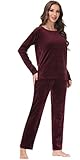 COZZIPLUS Women Velour Lounge Set 2 Piece Velvet Pajama Set Sweatsuit Crew Neck Sweatshirt and Elastic Waist Sweatpant(Burgundy,XL)