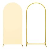 Metal Arch Stand and Cover Set,1 Beige Spandex Fitted Backdrop with 1 Gold Wedding Arched Stand Frame for Parties Birthday Baby Shower Bridal Banquet Decoration (6FT)