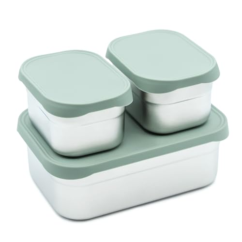 WeeSprout Stainless Steel Lunch Box Set - 750mL & 230mL Food Storage Nested Bento Boxes with Food Grade Silicone Lid - Leak Proof - Freezer Safe (Matte Green)