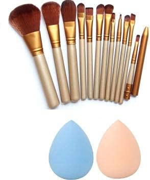 DATNASAYAD Makeup Brush Set Of 12 + 2 Pcs Beauty Blender (Pack of 14) - Multicolor