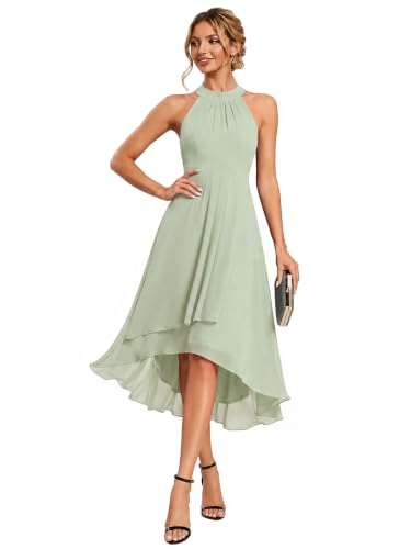 Image of Ever-Pretty Women's Halter Chiffon Midi Cocktail Wedding Guest Dress | High Low, Pleated, Summer Semi Formal Dress, Mother of the Bride Dress