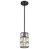 CALDION Farmhouse Crystal Pendant Light, 1-Light Black Pendant Lights Kitchen Island Mini Crystal Chandelier Dining Room Adjustable Hanging Ceiling Light for Bedroom Cloakroom Entryway Hallway Bar