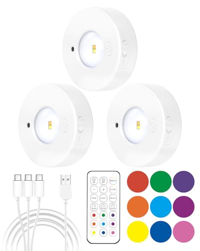 Puck Lights with Remote, LED Under Cabinet Lighting, 12 RGB Colors Rechargeable Battery Operated Tap , Dimmable Closet Light with Timer, Stick On Push Lights for Kitchen, Shelf, Counter(3Packs)