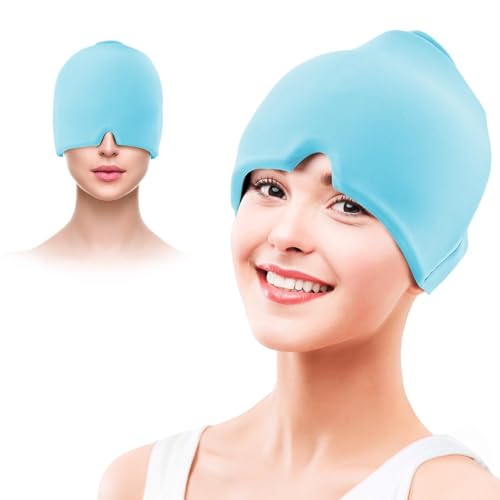 Migraine Relief Cap,Reusable Headache Relief Cap Cooling Gel Head Wrap,Cold Hot Therapy Migraine Hat for Tension Headache, Puffy Eyes, Sinus Pressure, Stress Relief Migraine Hat - Blue