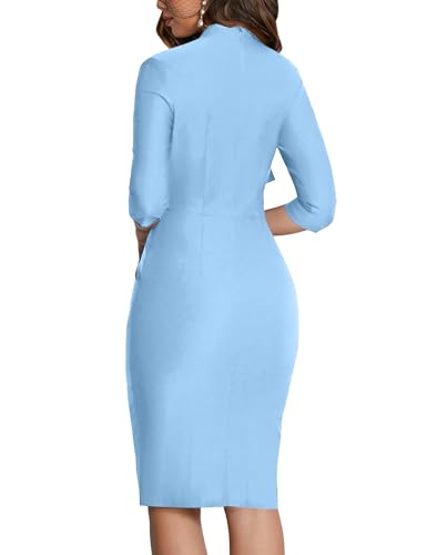 Image of MUXXN Women's Midi Pencil 1950s Vintage Cocktail 3 /4 Sleeve Tie Neck Bodycon Mid-Calf Dress with Pockets