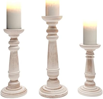 Barnyard Designs Rustic Pillar Candle Holder Stands, Tall Wood Candlestick Centerpieces for Table or Living Room Decor, White, Set of 3, (14", 11.5", and 9" Tall)