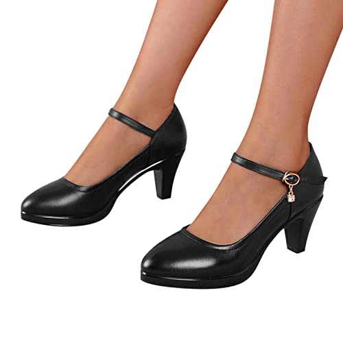 ZSpzx Fashion Pumps Dress Shoes for Women Round Toe Chunky Heel Platform Pumps Shoes Slip On Ankle Strap Buckle High Block Heeled Dress Shoes Ladies Elegant Mary Jane Dress Shoes Party Prom Dress Pumps