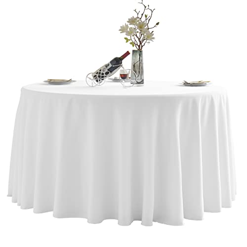 LEQEE Round Table Cloth, 120 Inch Round Tablecloth - White Polyester Table Cover, Stain Resistant & Wrinkle Free, Great for Wedding, Party, Dinner, Indoor & Outdoor Events