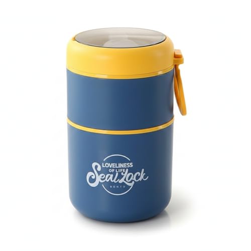 Image of Insulated Stackable Bento Lunch Box, 780ml Double Layer 304 Stainless Steel Thermal Food Jar with Foldable Spoon for Hot & Cold Meals, Leakproof Container for Kids & Office - Blue /Yellow
