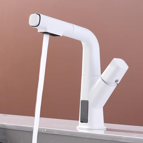 HXYhydrypd LED Grifos para Lavabos de Baño con Rociador Extraíble, Diseño de Elevación, Pantalla Digital de Temperatura, Grifo de Lavabo para Cocina, Lavandería, RV, Bar(White)
