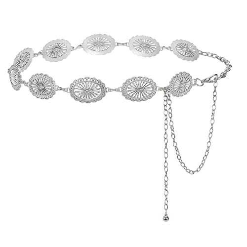 Image of LEACOOLKEY Women Turquoise Concho Chain Waist Belt Silver Western Cowgirl Metal Chain Belt for Dress Adjustable