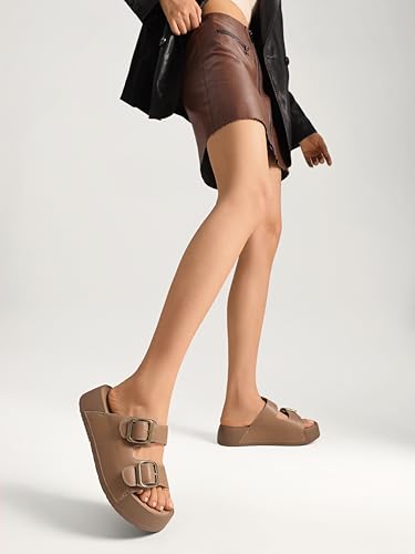 Image of Platform Sandals Women Genuine Leather Slip-on Beach Slide Buckle Comfortable Sandals with Memory Foam Soft Lining and Open Toe Low Wedges