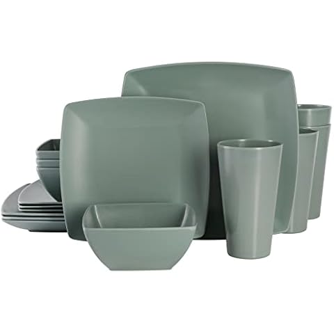 Gibson Home Soho Grayson Square Melamine Dinnerware Set, Service for Four (16pcs), Green Cover