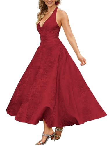 V Neck Jacquard Dress, A Line Halter Backless Drop Waist, Wedding Guest, Size Fits Only 0-8